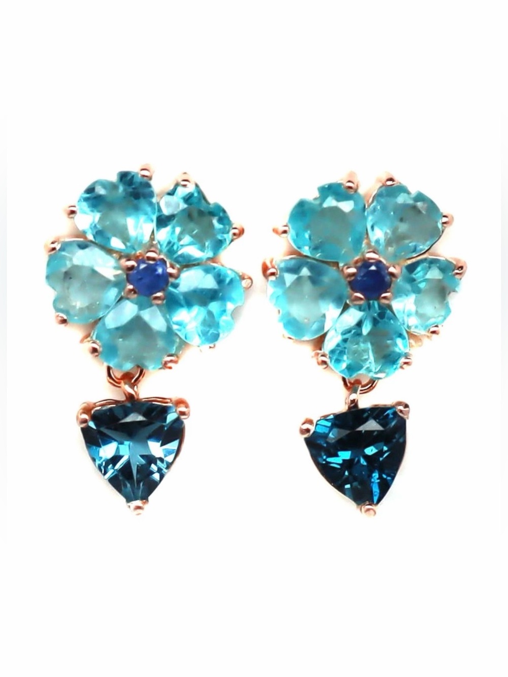 Natural London Blue Topaz, Apatite & Sapphire Drop Earrings Rose Gold over 925SS